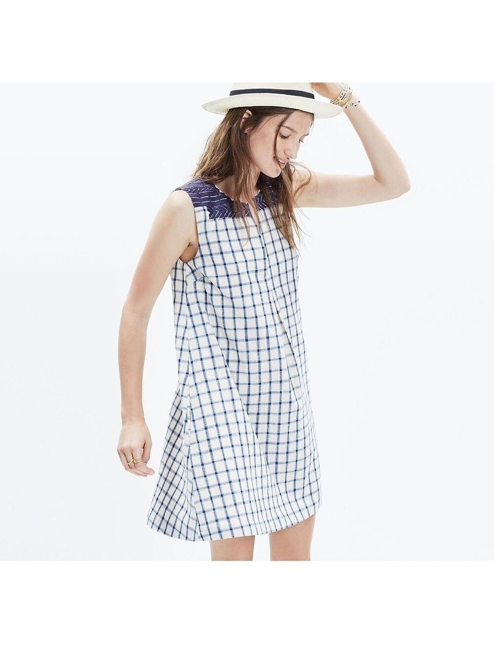 Madewell Women’s Embroidered Sunray Shirtdress Sleeveless Cream & Navy Check XXS - Picture 5 of 15